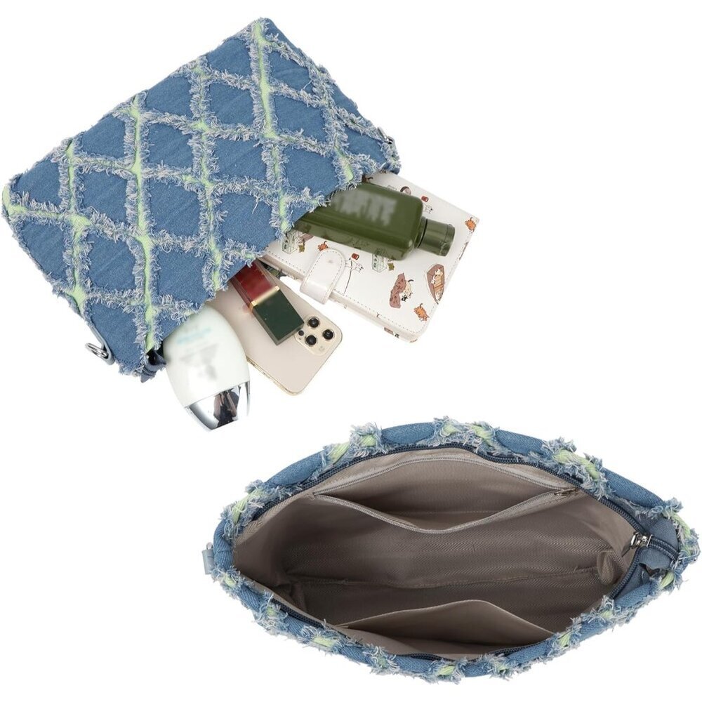 Women Denim Mini Bucket Crossbody Bag Quilted Distressed Tassel Purse - Picture 5 of 7